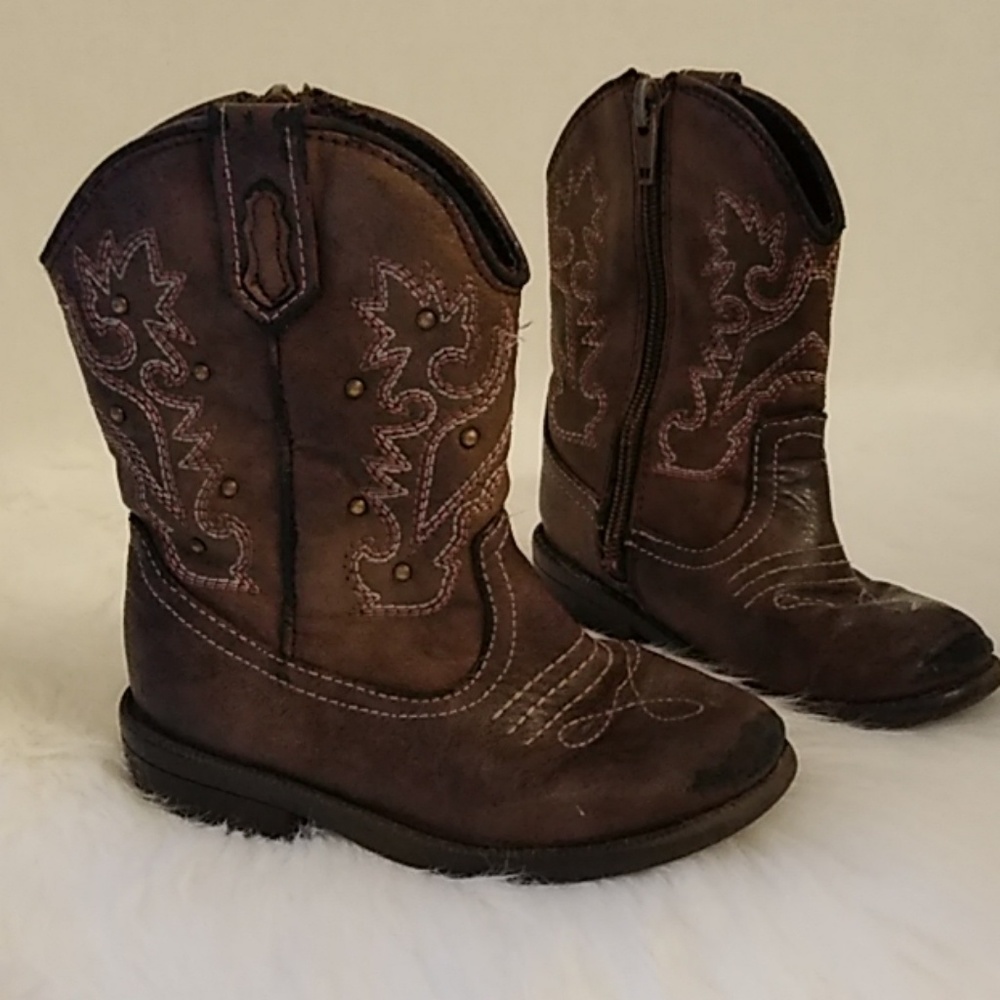 TODDLER GIRL COWBOY BOOTS BROWN RUGGED CUTE STUDS